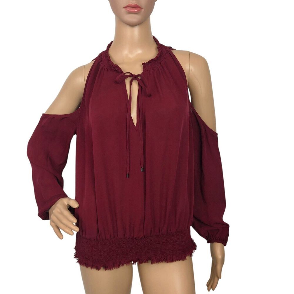 Love Sam Cold Shoulder Top Blouse V-Neck Tie Neck Ruffle Wine Red Boho Size M